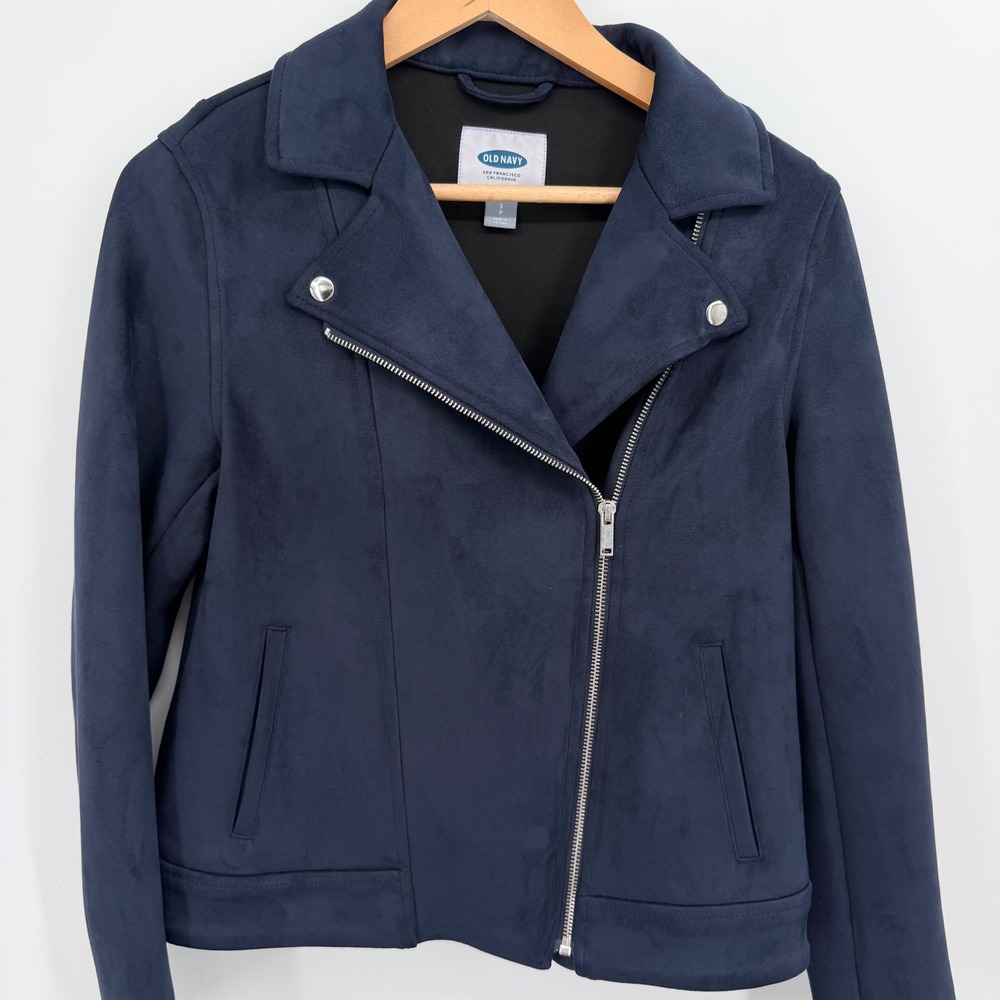 Old Navy Womens Navy Blue Faux Suede Moto Biker Jacket Small Asymmetrical Zip
